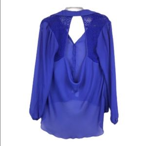 Sheer royal blue open back long sleeve blouse